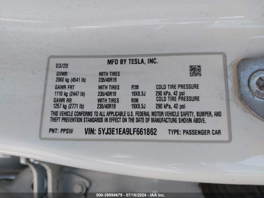 2020 Tesla Model 3 Standard Range Plus Rear-Wheel Drive/Standard Range Rear-Wheel Drive VIN: 5YJ3E1EA9LF661862 Lot: 39894679