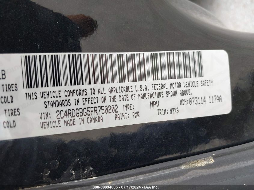 2015 Dodge Grand Caravan Se Plus VIN: 2C4RDGBG5FR750202 Lot: 39894685