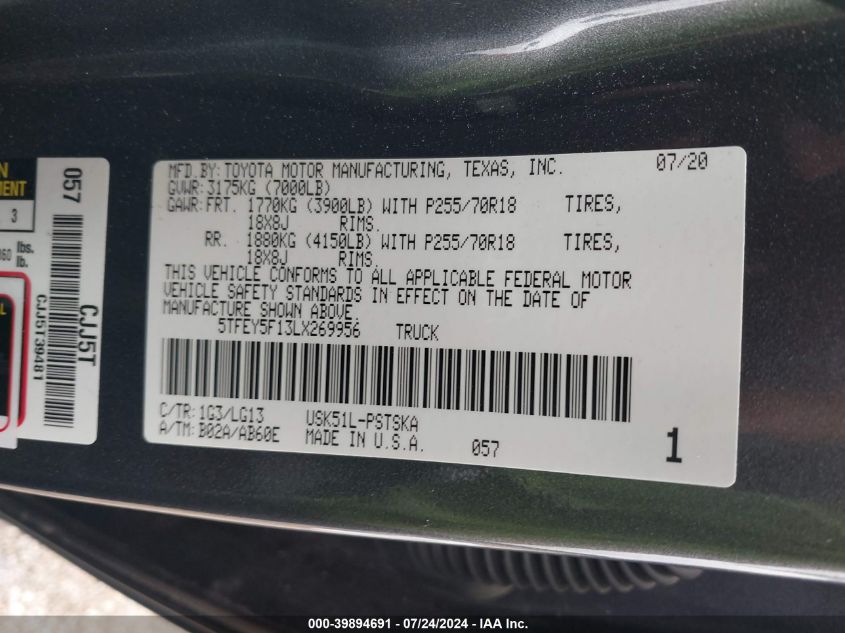 2020 Toyota Tundra Sr5 VIN: 5TFEY5F13LX269956 Lot: 39894691