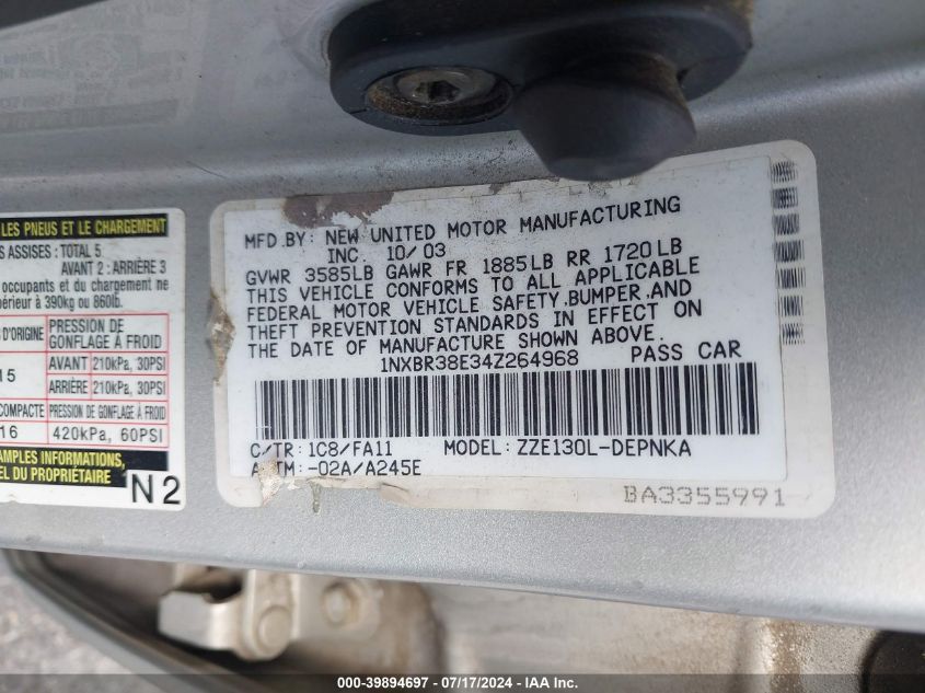 2004 Toyota Corolla Le VIN: 1NXBR38E34Z264968 Lot: 39894697