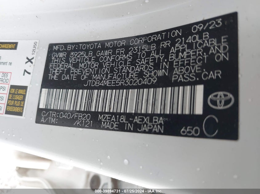 2024 TOYOTA COROLLA LE - JTDB4MEE5R3020409