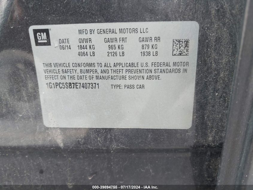 2014 Chevrolet Cruze 1Lt Auto VIN: 1G1PC5SB7E7407371 Lot: 39894755