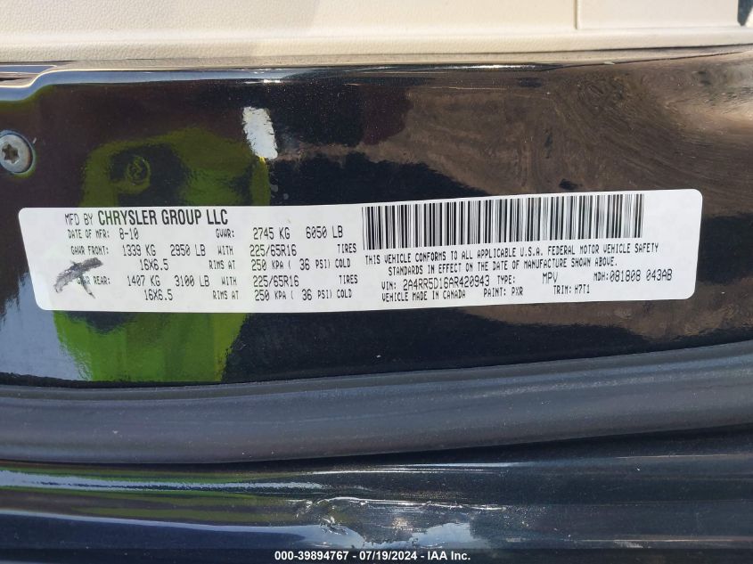 2010 Chrysler Town & Country Touring VIN: 2A4RR5D16AR420943 Lot: 39894767