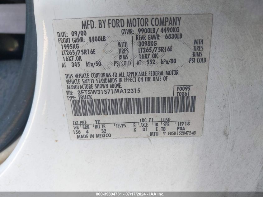 2001 Ford Super Duty F-350 Srw Lariat/Xl/Xlt VIN: 3FTSW31S71MA12315 Lot: 39894781