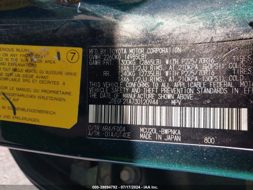 2003 Toyota Highlander V6 VIN: JTEGF21A730120944 Lot: 39894792