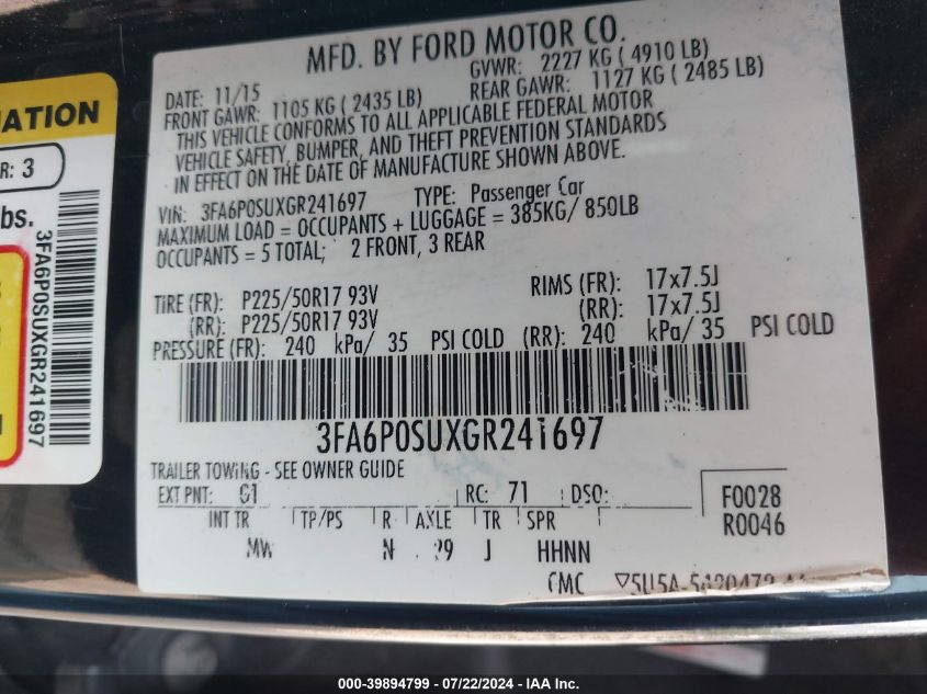 2016 FORD FUSION ENERGI TITANIUM - 3FA6P0SUXGR241697