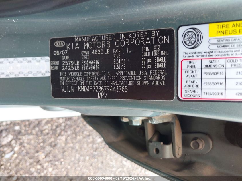 2007 Kia Sportage Lx V6 VIN: KNDJF723677441765 Lot: 39894808