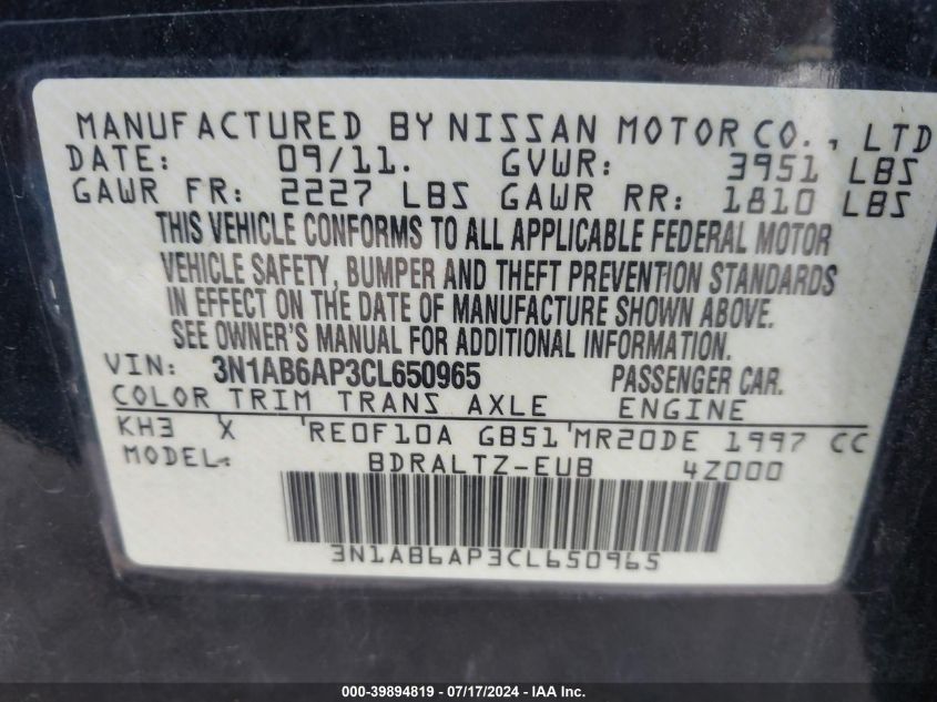 2012 Nissan Sentra 2.0 Sr VIN: 3N1AB6AP3CL650965 Lot: 39894819