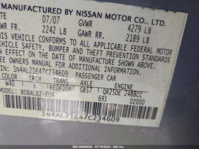 2007 Nissan Altima 2.5 S VIN: 1N4AL21E47C234609 Lot: 39894830
