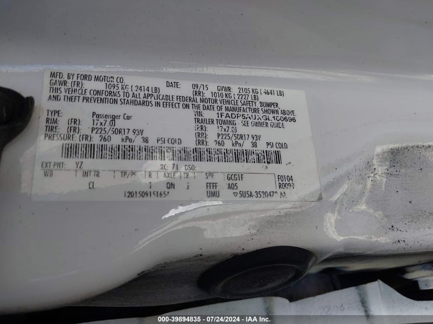 2016 Ford C-Max Hybrid Se VIN: 1FADP5AUXGL100696 Lot: 39894835