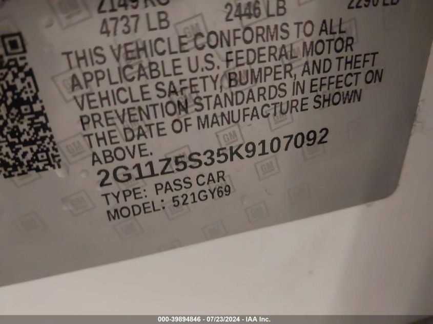 2019 Chevrolet Impala Lt VIN: 2G11Z5S35K9107092 Lot: 39894846
