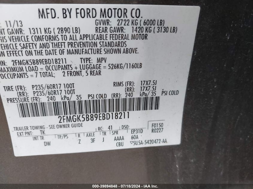 2014 Ford Flex Se VIN: 2FMGK5B89EBD18211 Lot: 39894848