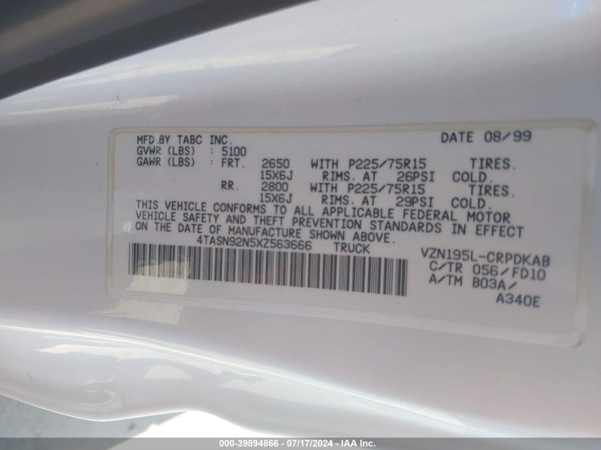 1999 Toyota Tacoma Prerunner V6 VIN: 4TASN92N5XZ563666 Lot: 39894866