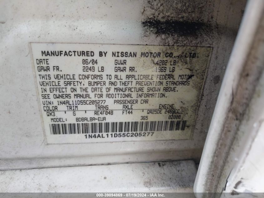 2005 Nissan Altima 2.5 S VIN: 1N4AL11D55C205277 Lot: 39894869