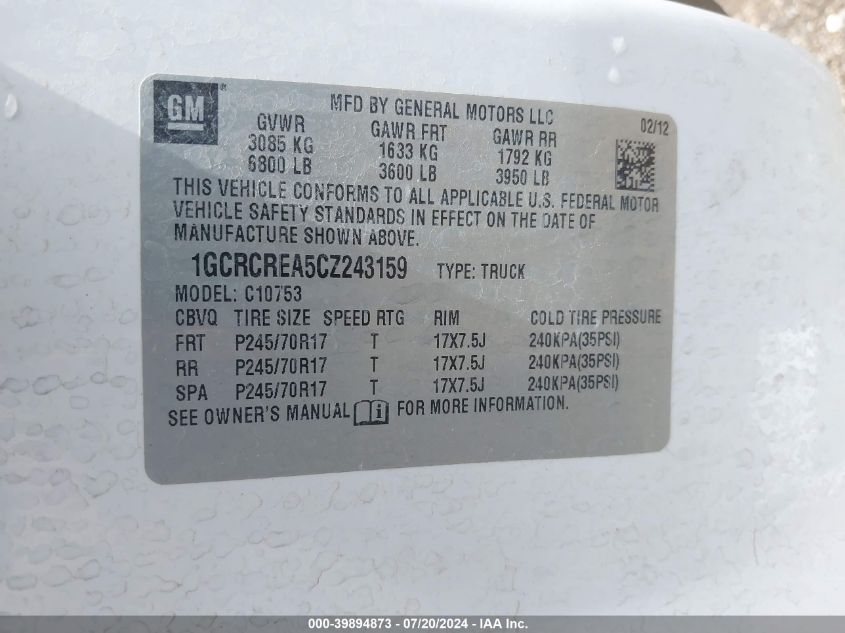 1GCRCREA5CZ243159 2012 Chevrolet Silverado 1500 Ls