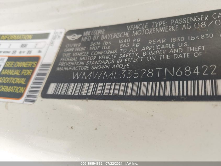 2008 Mini Cooper Clubman VIN: WMWML33528TN68422 Lot: 39894882