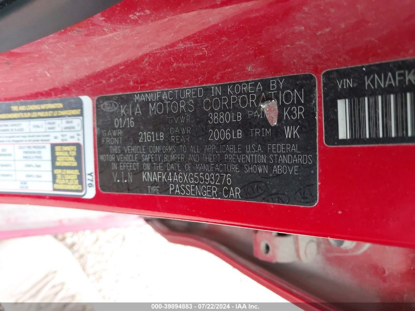2016 Kia Forte Lx VIN: KNAFK4A6XG5593276 Lot: 39894883