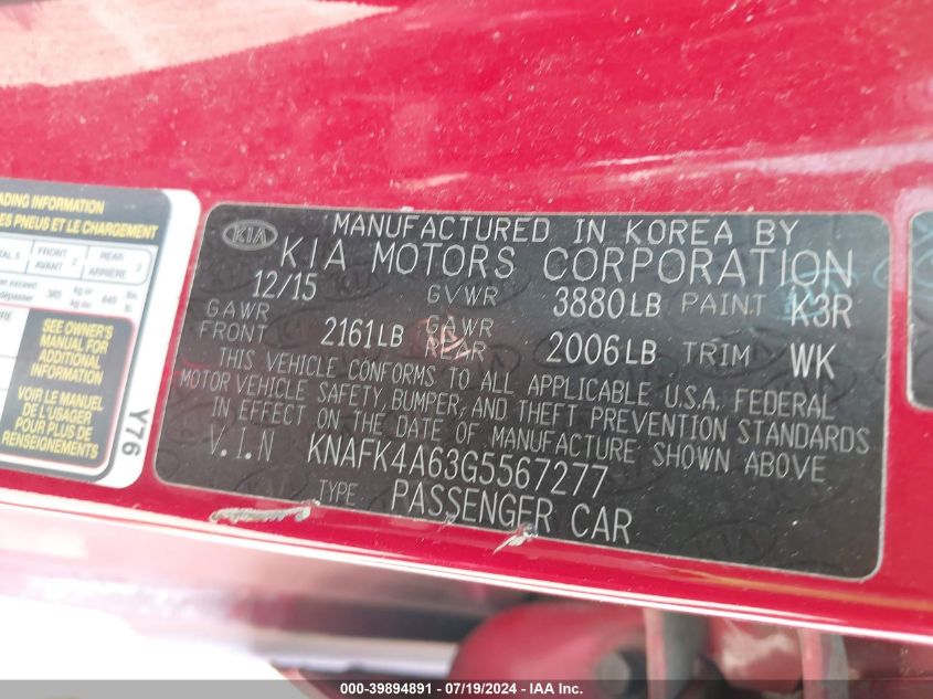 2016 Kia Forte Lx VIN: KNAFK4A63G5567277 Lot: 39894891