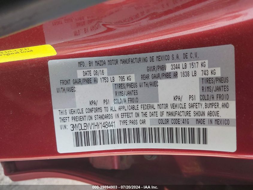 2017 Toyota Yaris Ia VIN: 3MYDLBYV1HY148441 Lot: 39894903
