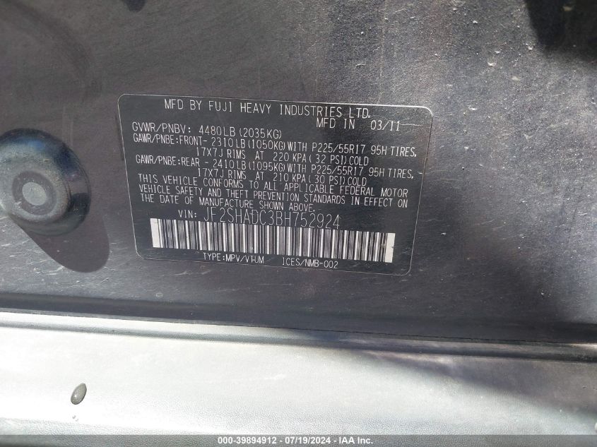 2011 Subaru Forester 2.5X Premium VIN: JF2SHADC3BH752924 Lot: 39894912