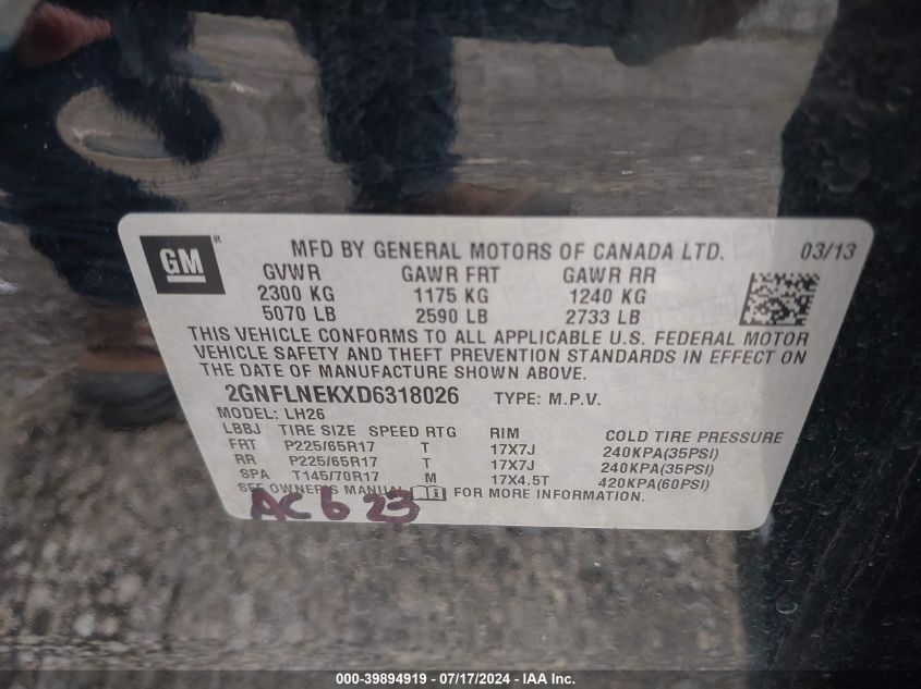 2013 Chevrolet Equinox 2Lt VIN: 2GNFLNEKXD6318026 Lot: 39894919