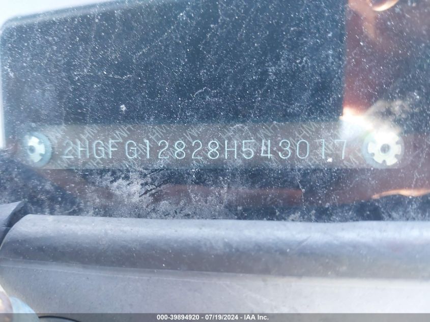 2008 Honda Civic Ex VIN: 2HGFG12828H543017 Lot: 39894920