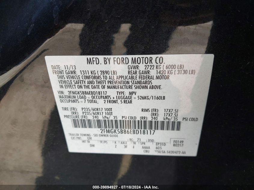 2014 Ford Flex Se VIN: 2FMGK5B86EBD18117 Lot: 39894927