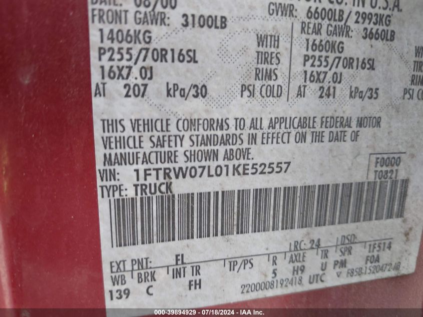 2001 Ford F-150 Harley-Davidson Edition/King Ranch Edition/Lariat/Xlt VIN: 1FTRW07L01KE52557 Lot: 39894929