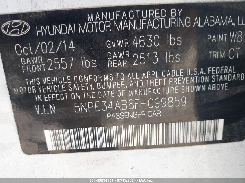 2015 Hyundai Sonata Sport 2.0T VIN: 5NPE34AB8FH099859 Lot: 39894931