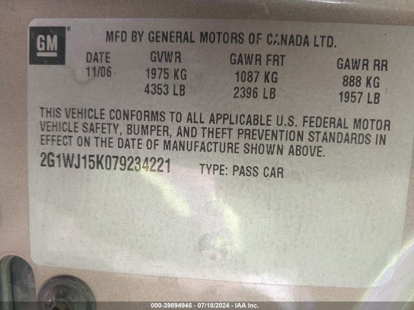 2007 Chevrolet Monte Carlo Ls VIN: 2G1WJ15K079234221 Lot: 39894945