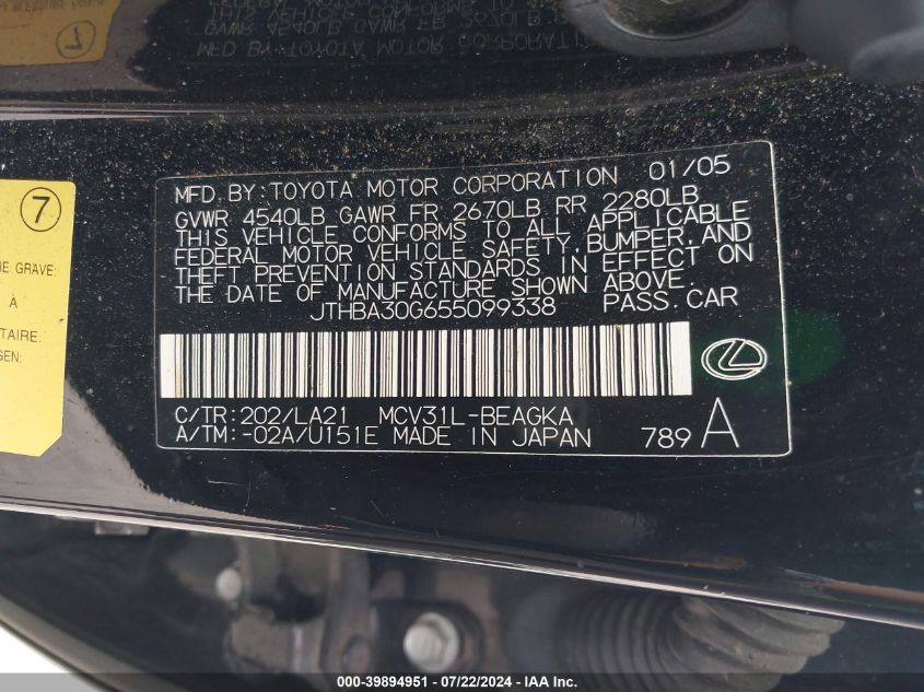2005 Lexus Es 330 VIN: JTHBA30G655099338 Lot: 39894951