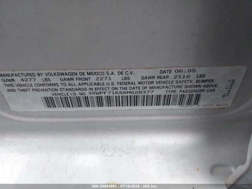 2006 Volkswagen Jetta Value VIN: 3VWPF71K66M628377 Lot: 39894961