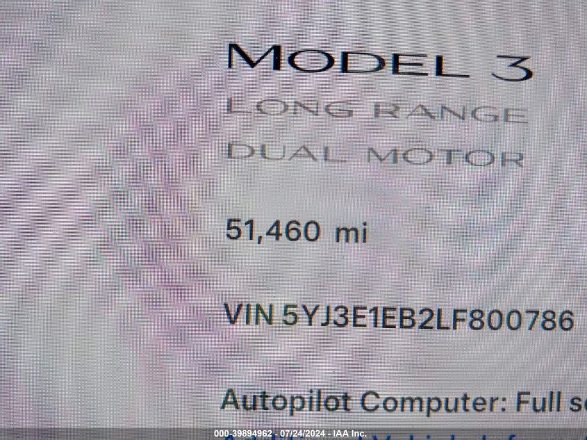 2020 Tesla Model 3 Long Range Dual Motor All-Wheel Drive VIN: 5YJ3E1EB2LF800786 Lot: 39894962