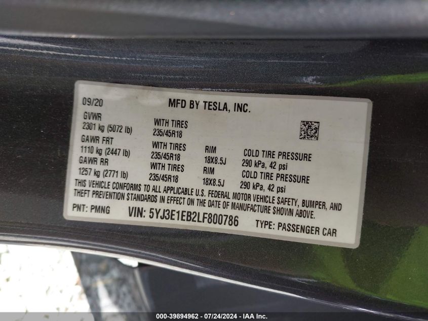 2020 Tesla Model 3 Long Range Dual Motor All-Wheel Drive VIN: 5YJ3E1EB2LF800786 Lot: 39894962