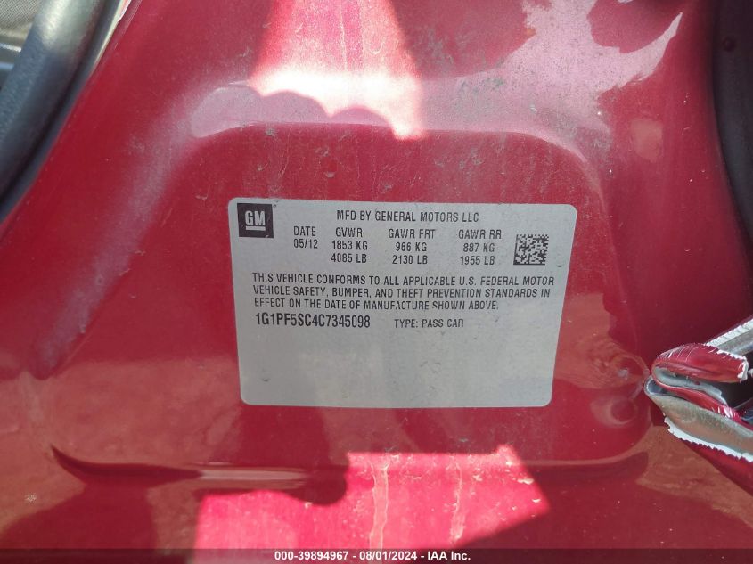 2012 Chevrolet Cruze 1Lt VIN: 1G1PF5SC4C7345098 Lot: 39894967
