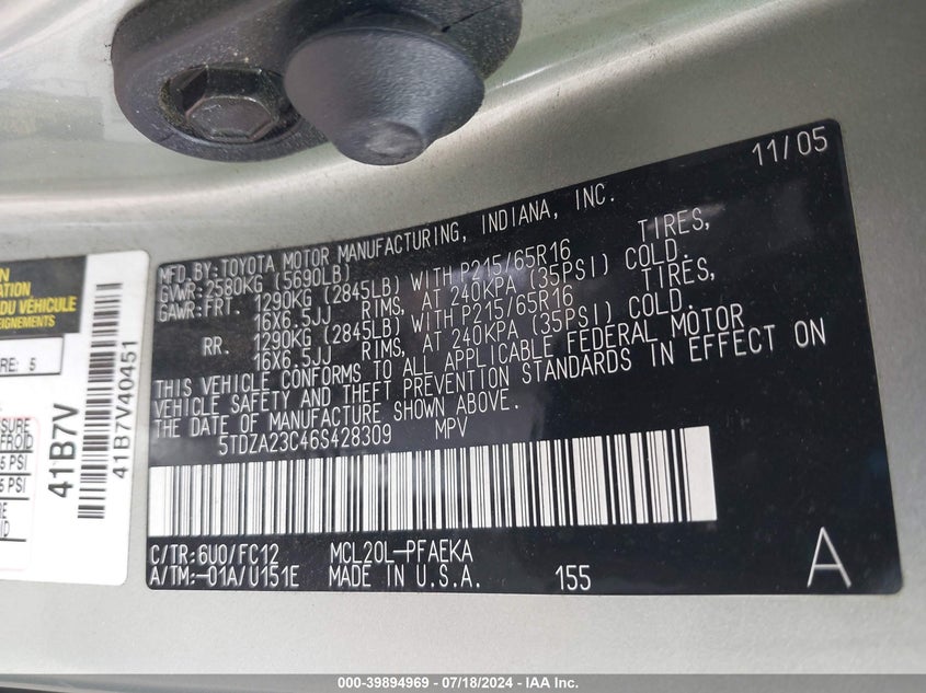 2006 Toyota Sienna Le VIN: 5TDZA23C46S428309 Lot: 39894969