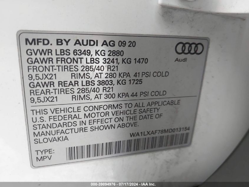 2021 Audi Q7 Premium Plus 55 Tfsi Quattro Tiptronic VIN: WA1LXAF78MD013154 Lot: 39894976