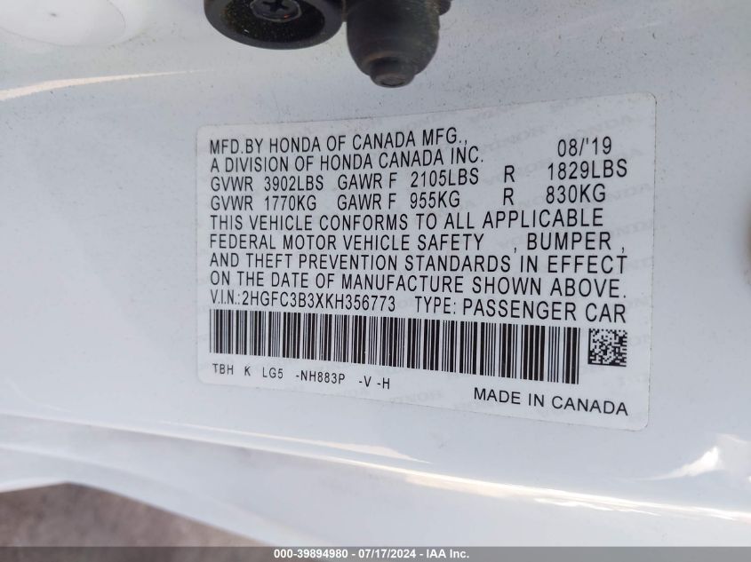 2019 Honda Civic Ex VIN: 2HGFC3B3XKH356773 Lot: 39894980