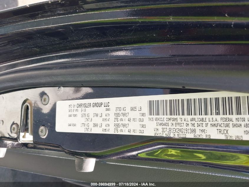 2010 Dodge Ram 1500 St VIN: 3D7JB1EK2AG191308 Lot: 39894999