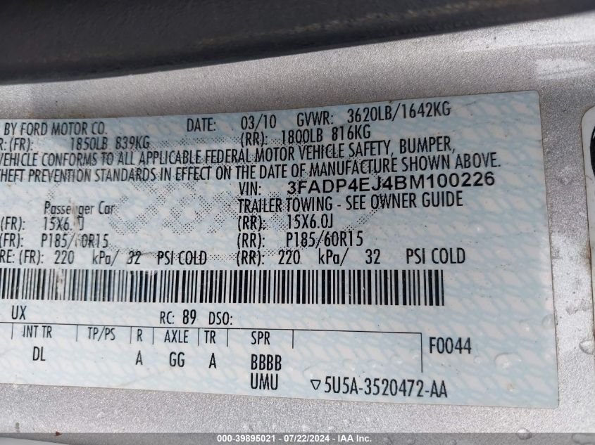 2011 Ford Fiesta Se VIN: 3FADP4EJ4BM100226 Lot: 39895021