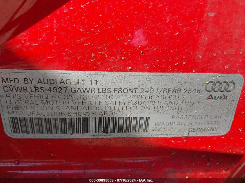 2012 Audi A4 Premium VIN: WAUBFAFL3CN015935 Lot: 39895039