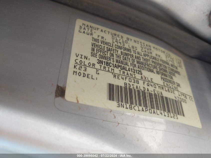 2010 Nissan Versa 1.8S VIN: 3N1BC1AP0AL413125 Lot: 39895042