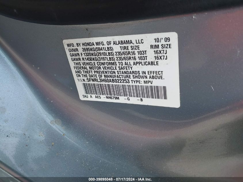 2010 Honda Odyssey Ex-L VIN: 5FNRL3H60AB022253 Lot: 39895048