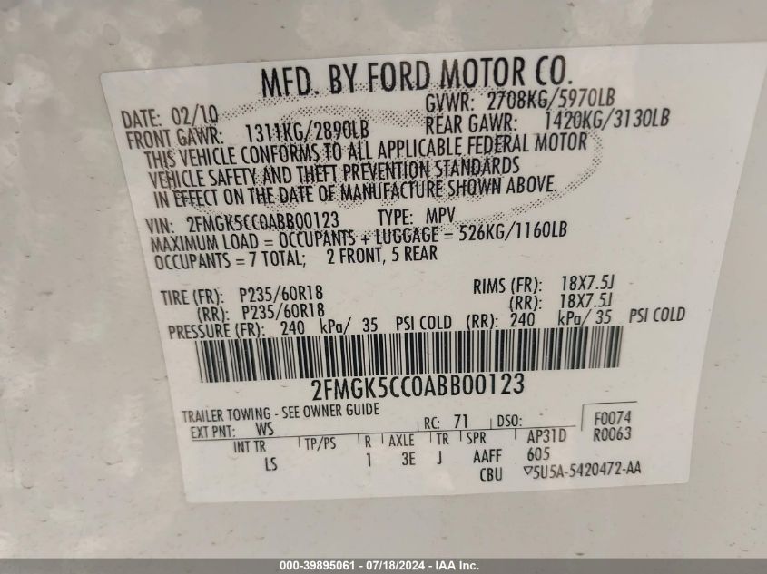 2010 Ford Flex Sel VIN: 2FMGK5CC0ABB00123 Lot: 39895061