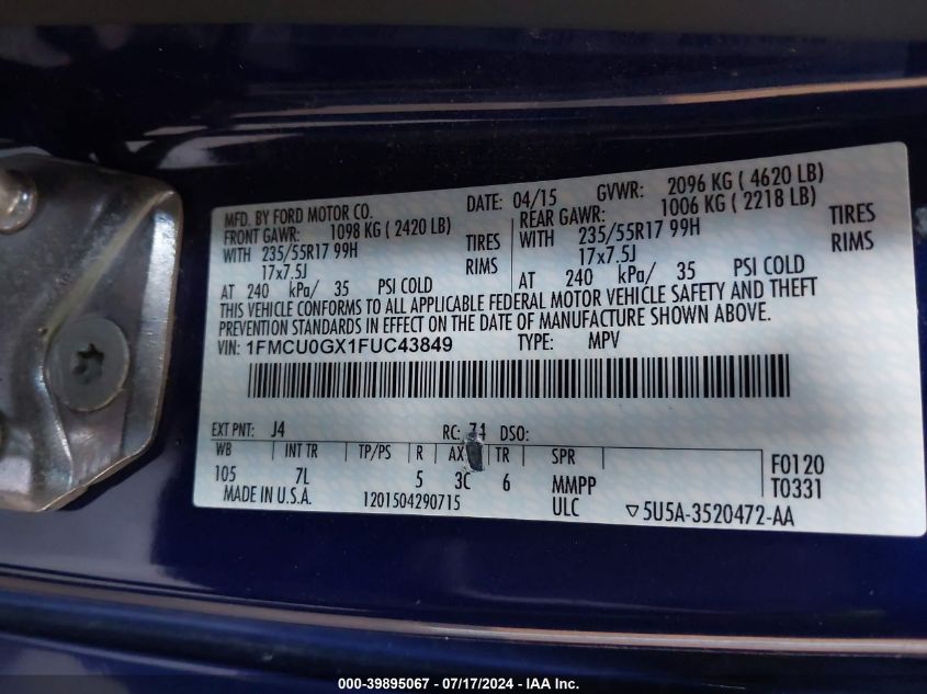 2015 Ford Escape Se VIN: 1FMCU0GX1FUC43849 Lot: 39895067