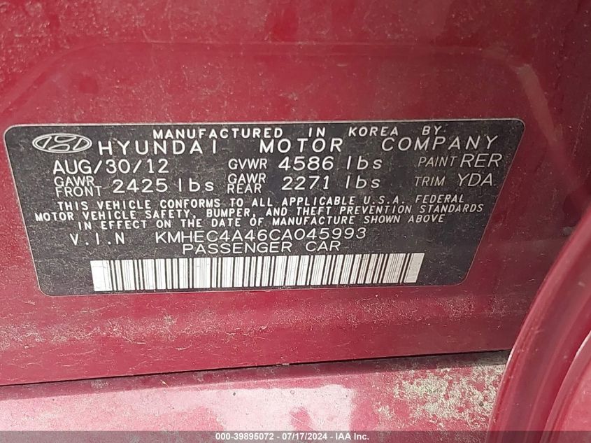2012 Hyundai Sonata Hybrid Hybrid VIN: KMHEC4A46CA045993 Lot: 39895072