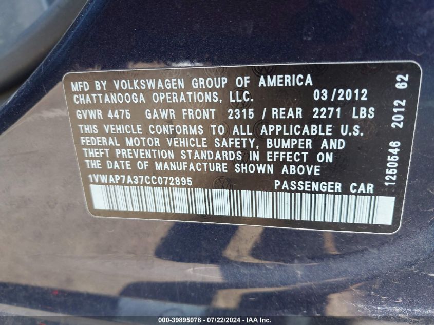 2012 Volkswagen Passat 2.5L S VIN: 1VWAP7A37CC072895 Lot: 39895078