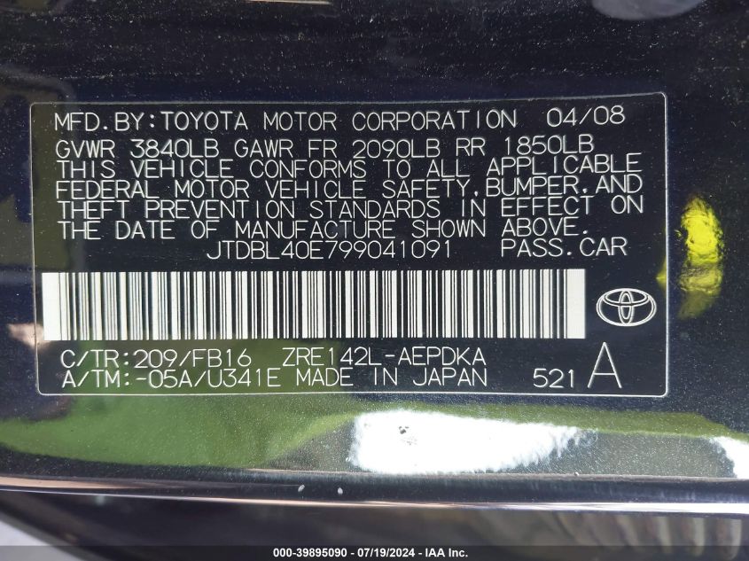 2009 Toyota Corolla Le VIN: JTDBL40E799041091 Lot: 39895090