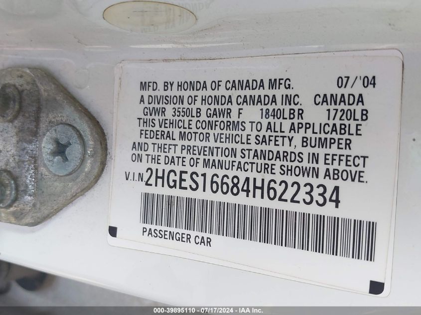 2004 Honda Civic Lx VIN: 2HGES16684H622334 Lot: 39895110