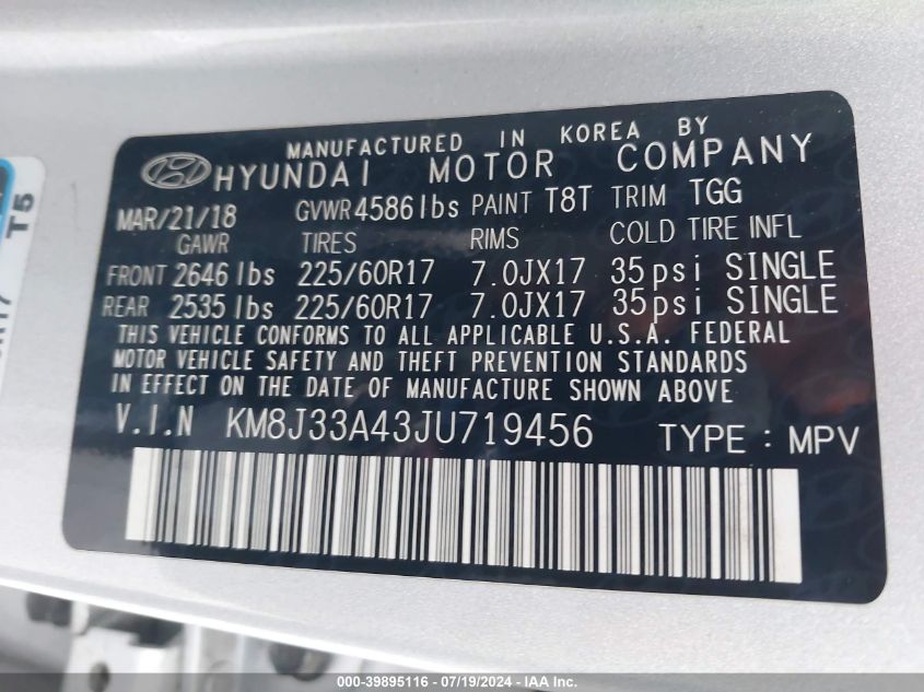 2018 Hyundai Tucson Limited/Sport And Eco/Se VIN: KM8J33A43JU719456 Lot: 39895116